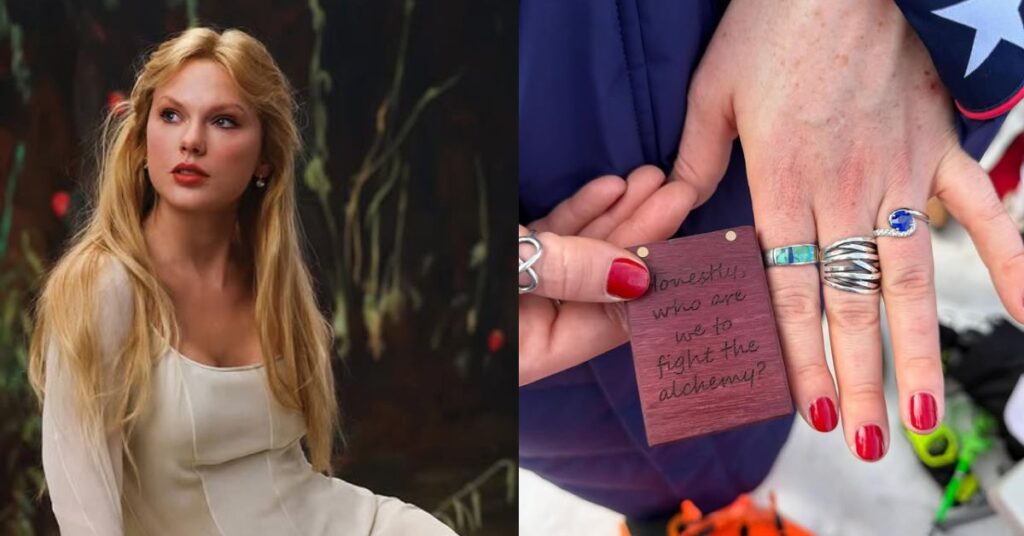 Taylor Swift reage após ter música usada em pedido de casamento Taylor Swift, mulher loira de vestido claro e, ao lado, mãos com anéis segurando bilhete romântico sobre alquimia.