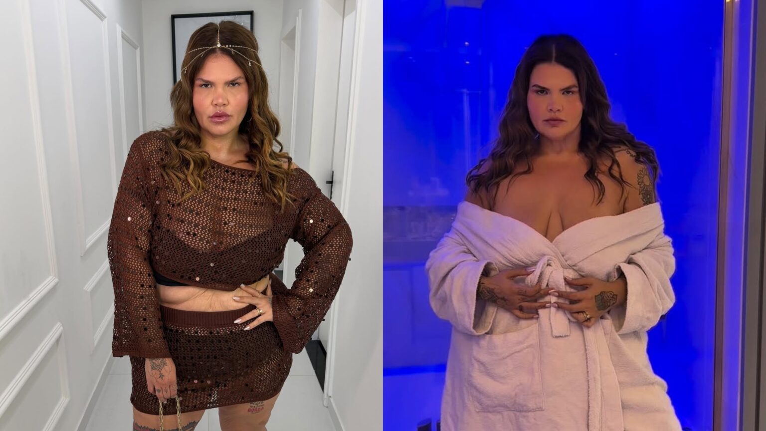 Montagem com duas fotos de Thais Carla: à esquerda, ela posa em um corredor usando conjunto marrom brilhante com transparência e a mão na cintura; à direita, aparece em ambiente iluminado por luz azul, vestindo roupão claro decotado e olhando diretamente para a câmera