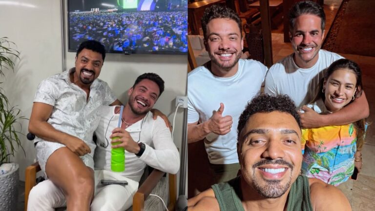 Tirullipa aparece sorrindo ao lado de amigos em dois momentos: sentado em uma cadeira segurando bebida verde e, em outra foto, posando para selfie com três pessoas em ambiente interno.