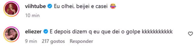 Comentários de viih tube e elizer em publicação no Instagram com troca de mensagens bem-humorada