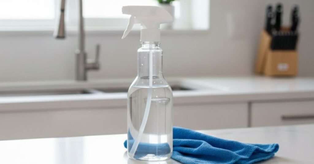 Vinagre branco: 10 usos na limpeza que facilitam a rotina Frasco spray com vinagre sobre bancada de cozinha ao lado de pano azul.