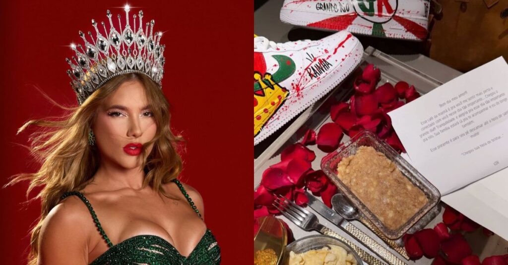 Montagem com Virginia usando coroa e vestido verde diante de fundo vermelho e bandeja romântica com rosas e presente.
