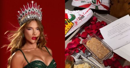 Virginia Fonseca recebe surpresa de Vini Jr. em dia de estreia no Carnaval: ‘hora de brilhar’ Montagem com Virginia usando coroa e vestido verde diante de fundo vermelho e bandeja romântica com rosas e presente.