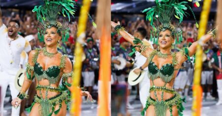 Virginia Fonseca é apontada como ‘mais relevante do Brasil’ no Carnaval; entenda Virginia Fonseca com fantasia verde e cocar de penas desfila sorrindo em escola de samba durante o Carnaval.