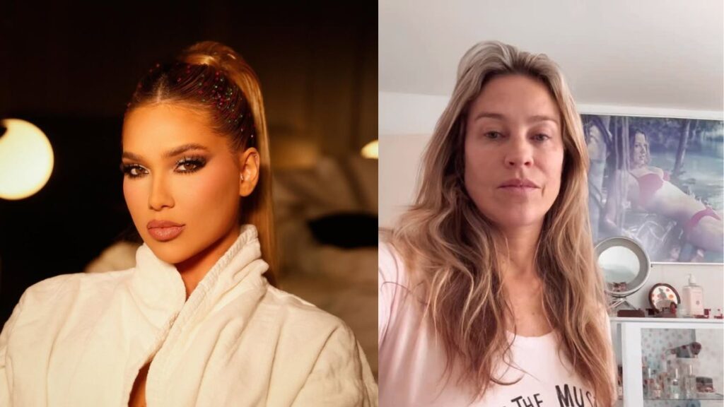 Virginia publica vídeo e web aponta indireta para Luana Piovani: ‘Vai, chata’ Luísa Sonza aparece em duas imagens lado a lado: à esquerda, produzida com maquiagem marcante e cabelo preso em rabo de cavalo, vestindo roupão claro sob luz quente; à direita, surge sem maquiagem aparente, com cabelo solto e camiseta clara, em ambiente doméstico.
