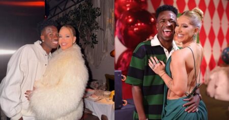Vini Jr. na Sapucaí? Virginia Fonseca revela decisão final do craque Montagem com duas fotos de Vini Jr e Virginia Fonseca sorridentes. À esquerda, ambos usam roupas claras em um jantar; à direita, Vini veste camisa listrada e Virginia um vestido verde em evento com balões vermelhos.