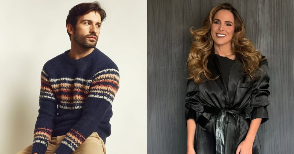 Bruno Bevan, homem de suéter estampado, posa de perfil; ao lado, Wanessa Camargo, mulher, sorri com vestido preto e cabelo volumoso.