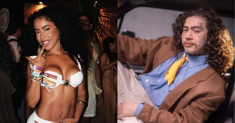 Whindersson Nunes dá cantada em Lorena Maria, ex de MC Daniel; veja Lorena Maria, mulher com cabelo cacheado e top branco, em festa; Whindersson, homem de cabelos longos, terno marrom e gravata amarela sentado.