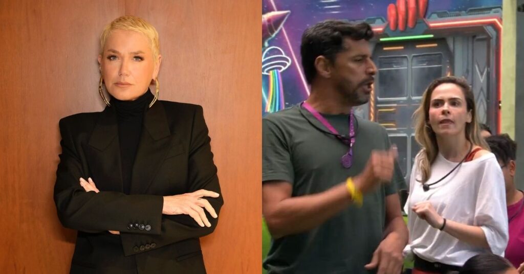 Xuxa em retrato de estúdio e cena da discussão entre Ana Paula e Cowboy no BBB 26