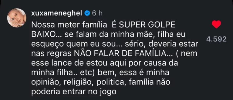 Comentário de Xuxa no Instagram criticando menção à família na briga entre Ana Paula e Cowboy no BBB 26