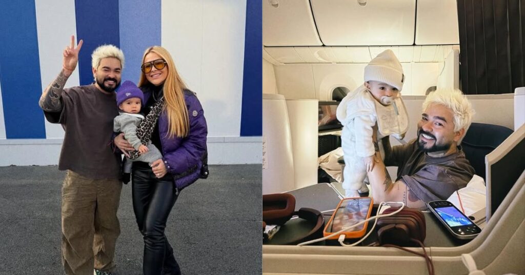 Yudi Tamashiro e Mila Braga posam com Davi Yudi, um bebê, em frente à parede listrada; Yudi segura o filho na cabine de avião.