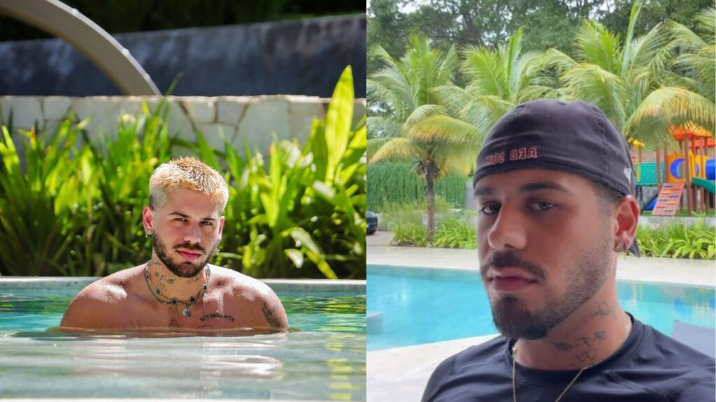 MC Gui aparece em duas imagens lado a lado: à esquerda, está dentro de uma piscina ao ar livre, com cabelo platinado e tatuagens visíveis no pescoço e peito; à direita, surge usando boné escuro e camiseta preta, próximo a uma piscina com palmeiras ao fundo.