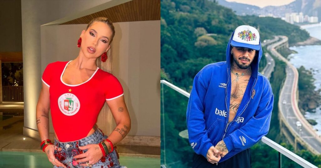 Zé Felipe defende Virginia de críticas no Carnaval: ‘Ir pra cima’ Virginia Fonseca, mulher de body vermelho, posa em ambiente interno; Zé Felipe, homem de moletom azul, está em varanda com vista para estrada litorânea.