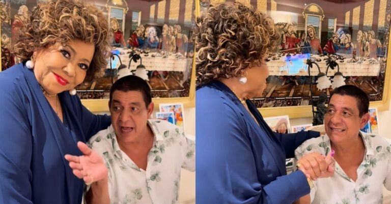 Montagem de fotos onde Alcione, usando azul, abraça e segura a mão de Zeca Pagodinho, que veste camisa branca com estampas verdes, durante festa de aniversário.