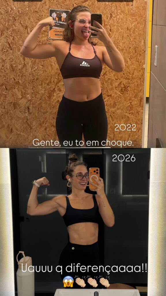 Comparação de antes e depois de mulher na academia mostrando transformação física entre 2022 e 2026.