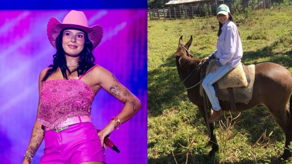 Ana Castela aparece em duas fotos. À esquerda, canta no palco usando chapéu rosa e look brilhante em tons de rosa, segurando microfone sob luzes coloridas. À direita, está ao ar livre montada em um cavalo, vestindo roupa casual e boné, em área rural.