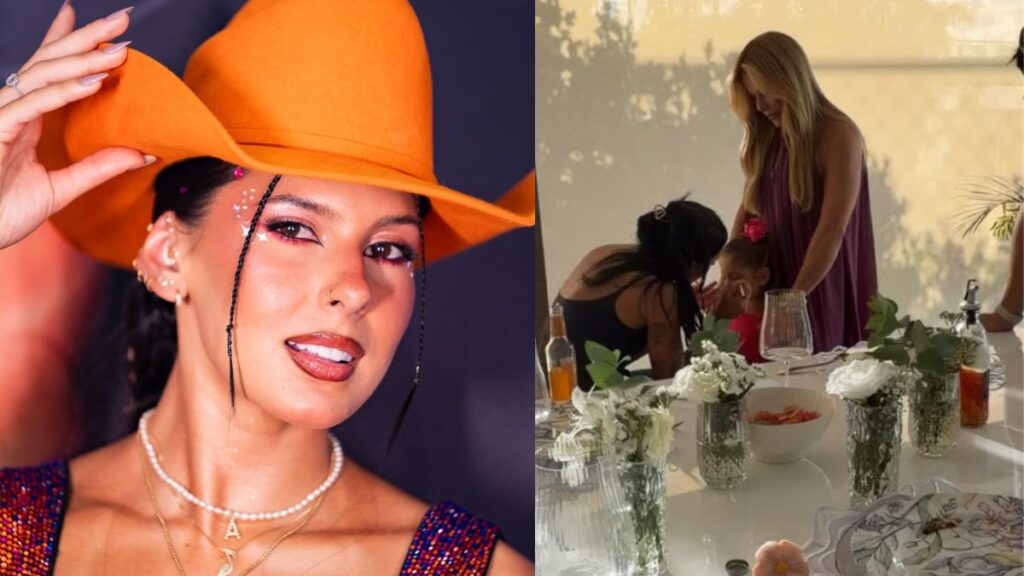 Ana Castela aparece em duas fotos: em uma, posa usando chapéu laranja e maquiagem com brilho; na outra, ajuda a arrumar Maria Flor durante um encontro em família.