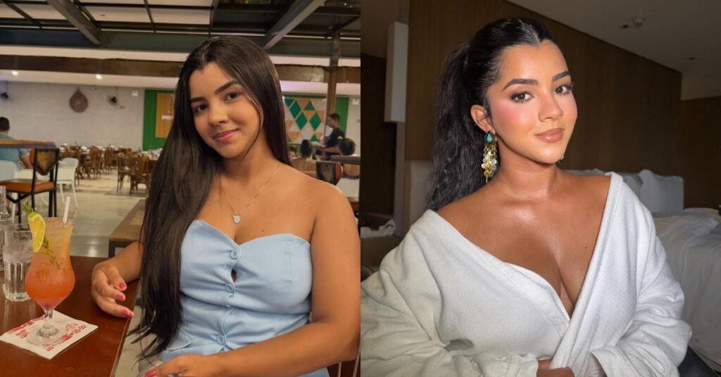 Montagem com duas fotos de Ary Mirelle em momentos distintos. Na esquerda, ela aparece sentada em um restaurante com os cabelos soltos; na direita, posa com maquiagem iluminada e cabelo preso em um rabo de cavalo, destacando a mudança em seu rosto após o emagrecimento.