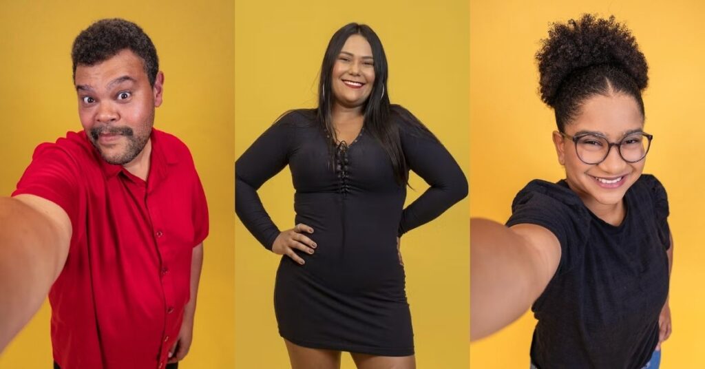 Babu Santana, Chaiany e Milena aparecem em montagem com fundo amarelo como participantes do paredão do BBB 26.