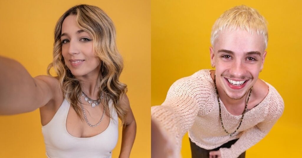 Samira e Juliano Floss posam para foto promocional do BBB 26 em fundo amarelo após conflito no reality