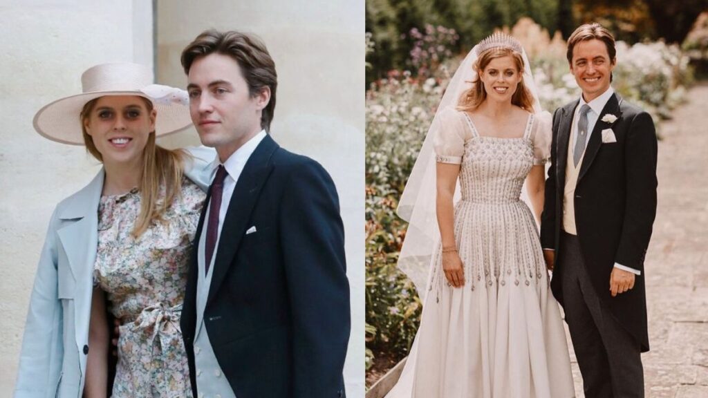 Princesa Beatrice of York aparece ao lado do marido, Edoardo Mapelli Mozzi, em duas fotos: uma em evento formal e outra no dia do casamento, com a princesa usando vestido de noiva e tiara.