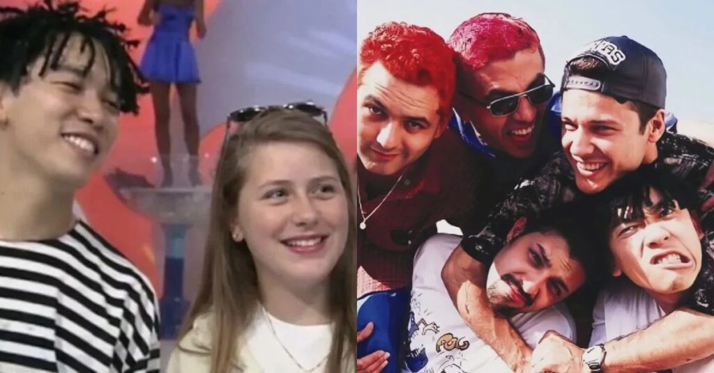 Montagem com jovem casal, Bento Hinoto e Aninha Almeida, sorrindo em estúdio de TV e grupo Mamonas Assassinas, cinco homens, posando de forma descontraída.