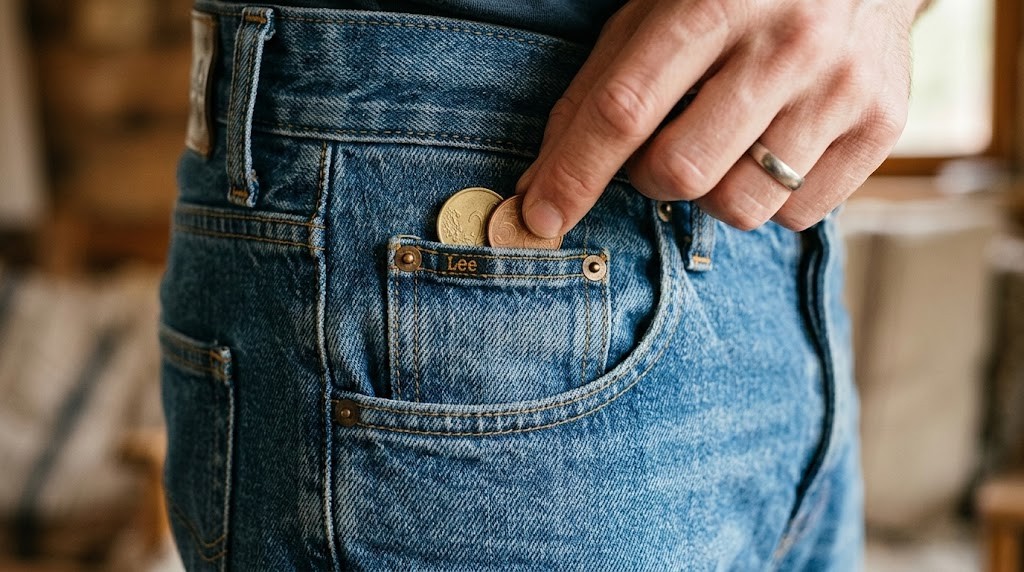 Pessoa colocando moedas no bolso pequeno da calça jeans.