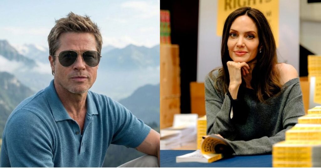 Brad Pitt de óculos escuros em paisagem montanhosa e Angelina Jolie sentada em mesa com livros durante evento público