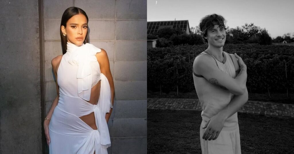 Bruna Marquezine e Shawn Mendes vivem cena romântica em praia do Rio; veja Bruna Marquezine em vestido branco elegante e Shawn Mendes sorrindo em área externa em montagem com fotos separadas