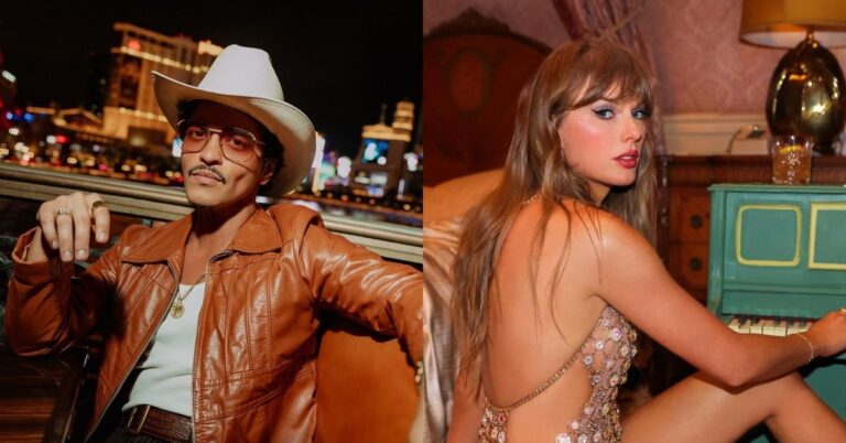 Montagem com Bruno Mars usando chapéu branco e jaqueta marrom em Las Vegas e Taylor Swift sentada ao lado de um piano usando vestido brilhante