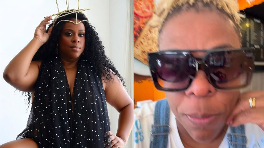 Cacau Protásio perde visão temporária após reação a pomada capilar; entenda Cacau Protásio aparece em duas imagens: em uma foto posando com coroa dourada e vestido preto com pontos brilhantes; na outra, grava um vídeo usando óculos escuros grandes enquanto fala diretamente para a câmera.