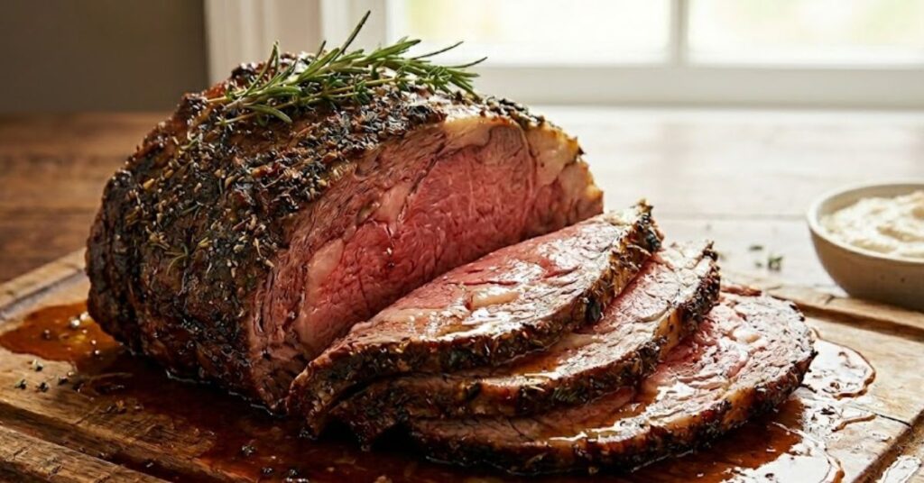 Carne assada ao ponto, fatiada, com crosta de ervas e alecrim sobre tábua de madeira.