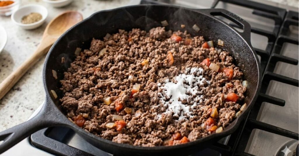 Carne moída com legumes e bicarbonato de sódio sendo preparada em frigideira sobre fogão.