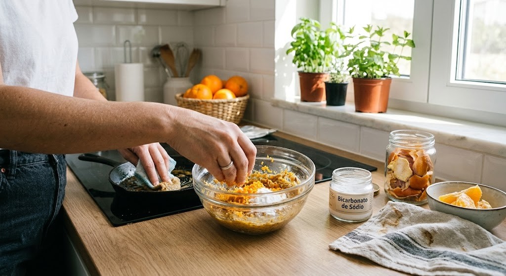 Casca de laranja com bicarbonato: a mistura caseira que remove gordura da cozinha Pessoa misturando casca de laranja com bicarbonato em tigela na cozinha.