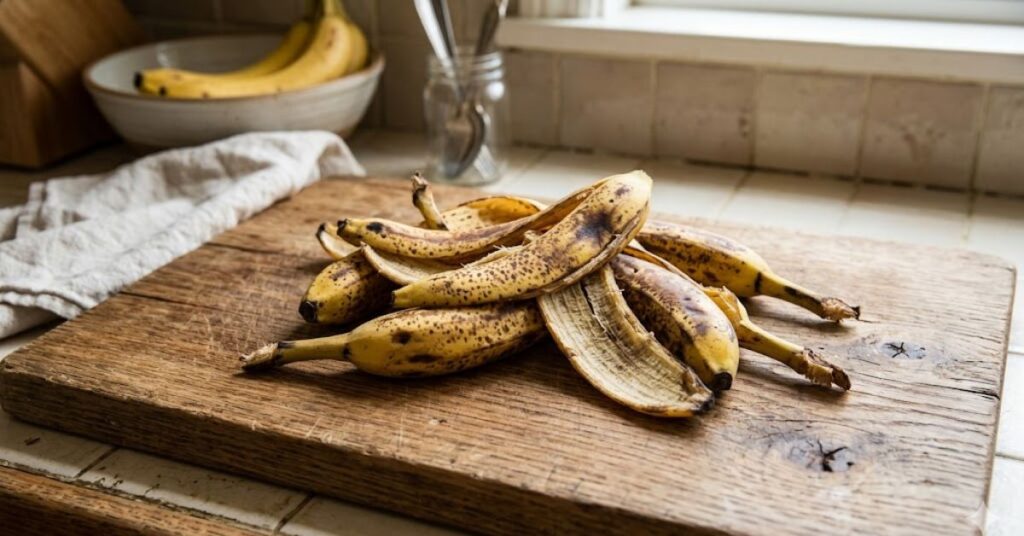Cascas de banana sobre uma tábua de madeira.
