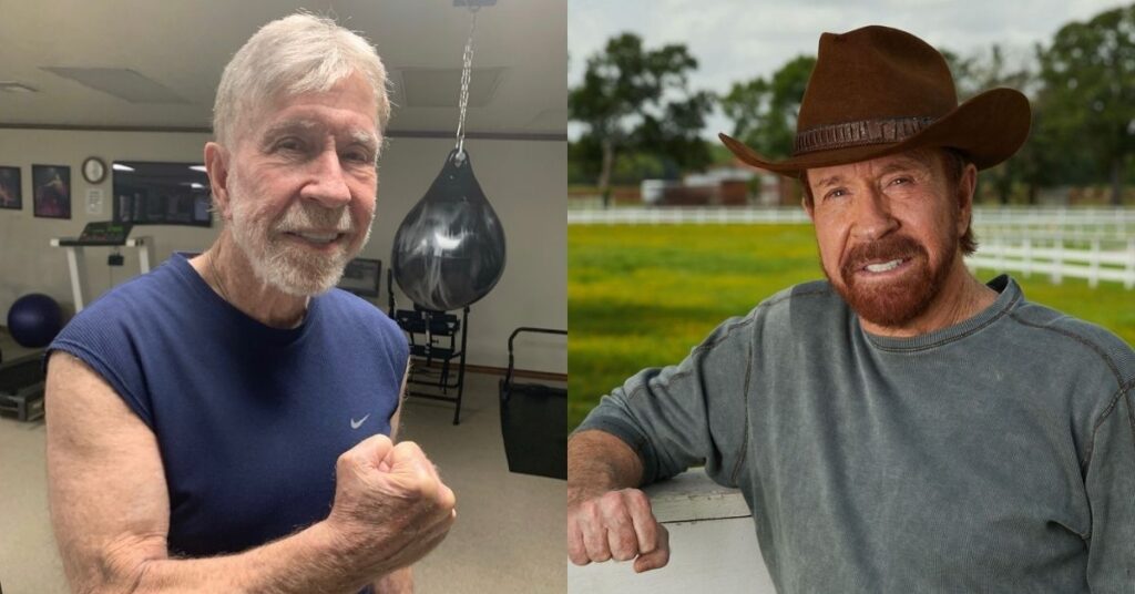 Montagem com Chuck Norris mais velho em academia sorrindo e outra imagem do ator com chapéu em ambiente rural