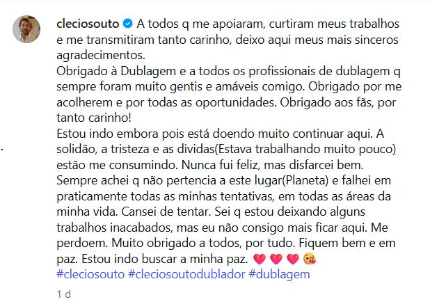 Clécio Souto é hospitalizado após mensagem de despedida nas redes 2 Print da publicação de Clécio Souto nas redes sociais com mensagem emocional de despedida aos fãs e colegas