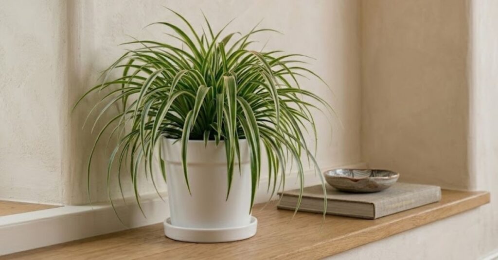 Clorofito em vaso branco em ambiente interno