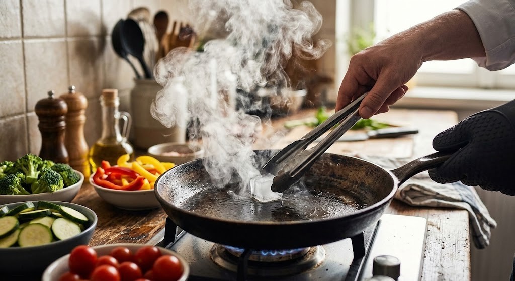 Cubo de gelo na frigideira quente: o truque antes de grelhar legumes Pessoa coloca cubo de gelo em frigideira quente soltando vapor na cozinha.