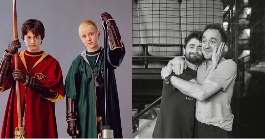 Daniel Radcliffe e Tom Felton em montagem que mostra os personagens Harry Potter e Draco Malfoy jovens e os atores adultos abraçados em reencontro recente.