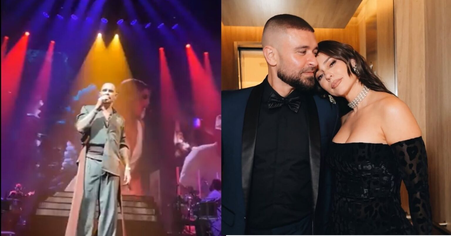 Diogo Nogueira canta no palco durante show no Rio enquanto imagem ao lado mostra o cantor com Paolla Oliveira em evento formal.