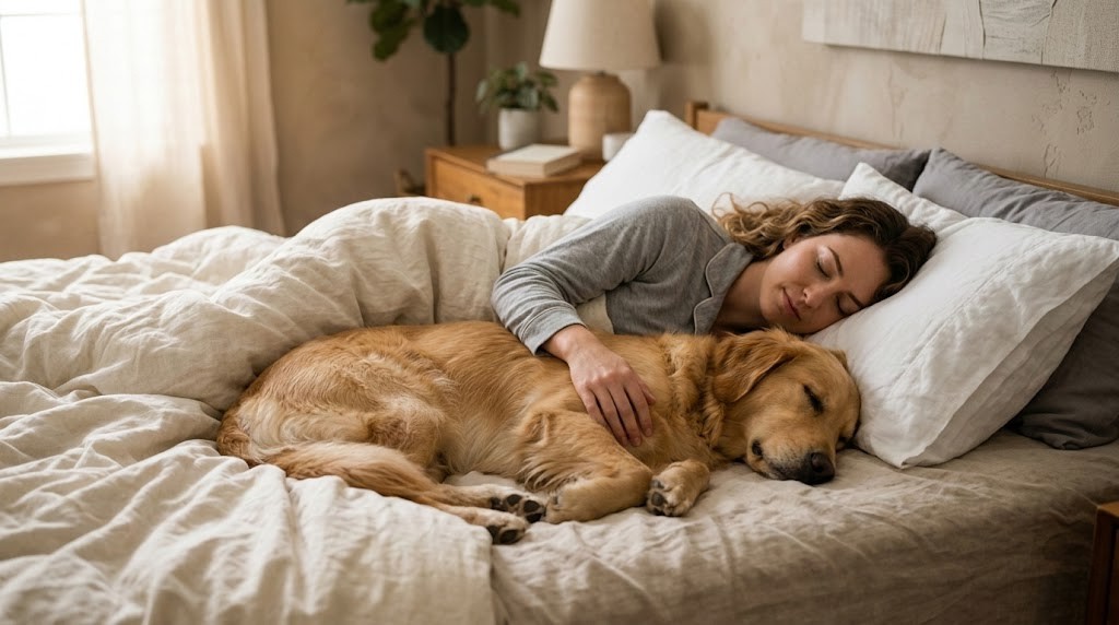 Mulher dormindo abraçada ao cachorro na cama durante a noite.