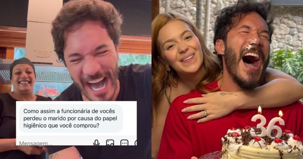 Eliezer ri ao lado da funcionária em vídeo nas redes enquanto conta história sobre compra de papel higiênico que gerou confusão; ao lado, aparece com Viih Tube em comemoração de aniversário