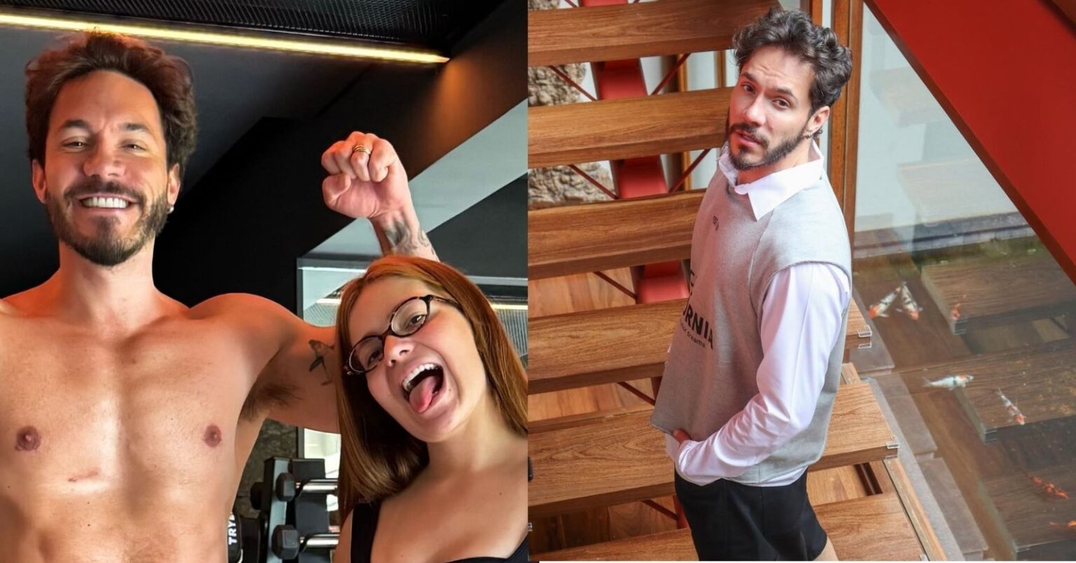 Eliezer aparece sem camisa exibindo o novo shape ao lado de Viih Tube na academia e, em outra imagem, posa vestido próximo a uma escada de madeira.