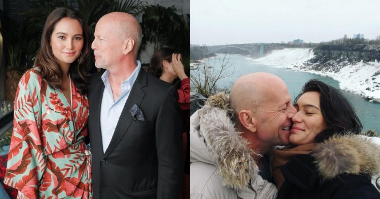 Montagem com duas fotos de Emma Heming e Bruce Willis: na primeira, o casal aparece em evento social; na segunda, eles posam abraçados durante viagem perto de uma grande cachoeira