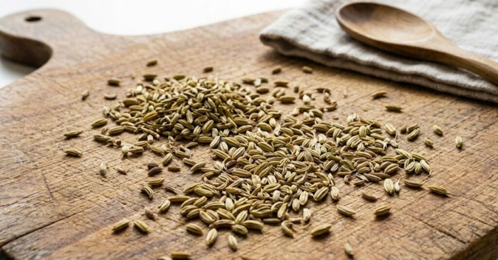 Erva-doce: para que serve, benefícios para a digestão e como usar Grãos de erva doce sobre uma tábua de madeira.
