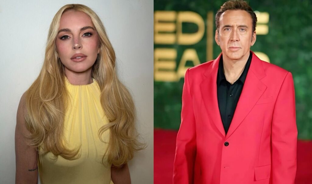 Famosos que perderam tudo: 10 celebridades que enfrentaram crises financeiras e deram a volta por cima Lindsay Lohan de uma lado com vestido amarelo e Nicolas Cage de terno vermelho de outro representando famosos que perderam tudo
