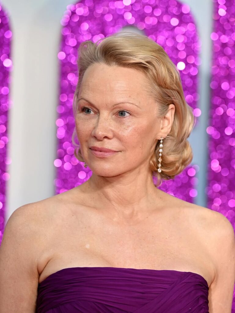 Famosos que perderam tudo: 10 celebridades que enfrentaram crises financeiras e deram a volta por cima 7 Pamela Anderson elegante com vestido roxo em evento representando famosos que perderam tudo