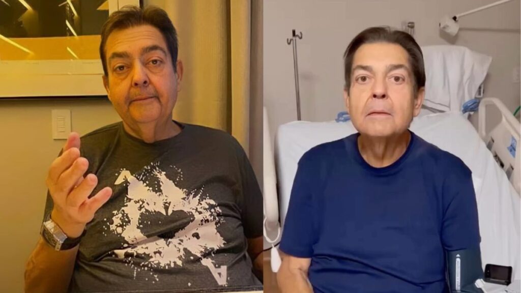 Fausto Silva aparece em dois momentos: em um ambiente interno falando diretamente para a câmera, e em outro sentado em um leito hospitalar, com expressão séria, durante recuperação de saúde.