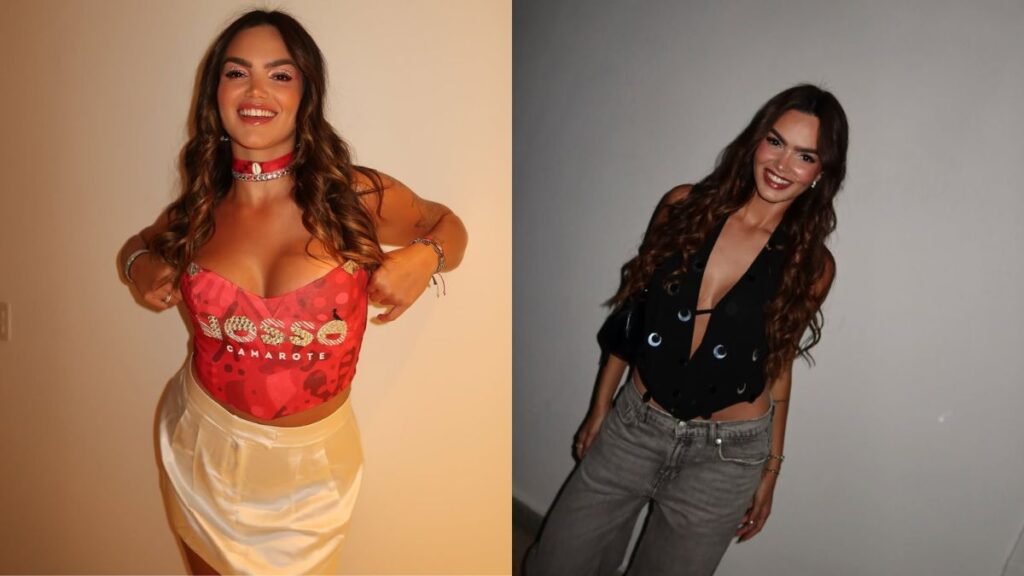 Suzanna Freitas, filha de Kelly Key, aparece em duas fotos: em uma usando look vermelho e saia clara, sorrindo para a câmera; na outra, posa com blusa preta e jeans, exibindo visual casual e elegante.